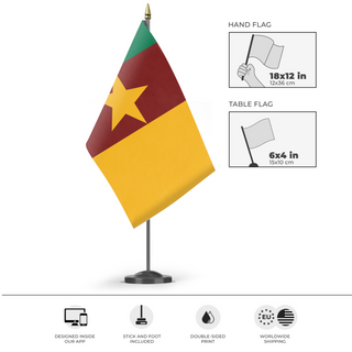 A mockup of the custom flag 'Cameron  flag' as a desk flag and small hand waving flag