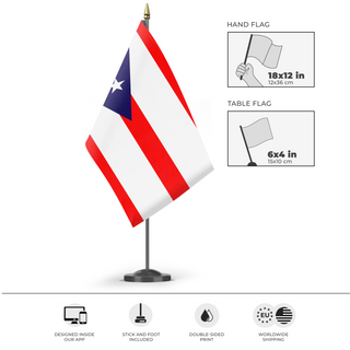 A mockup of the custom flag 'Ohio flag' as a desk flag and small hand waving flag