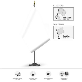 A mockup of the custom flag 'Ohio State  flag' as a desk flag and small hand waving flag