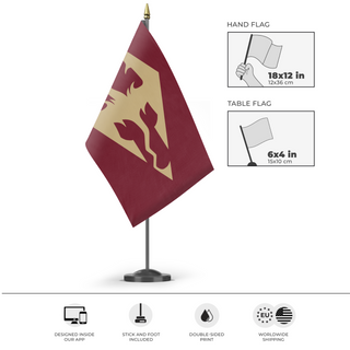 A mockup of the custom flag 'Dragon Banner flag' as a desk flag and small hand waving flag