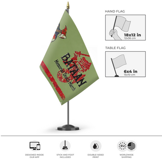 A mockup of the custom flag 'FRFR Bataan  flag' as a desk flag and small hand waving flag