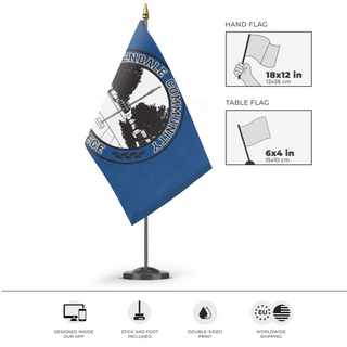 A mockup of the custom flag 'Greendale Community College flag' as a desk flag and small hand waving flag