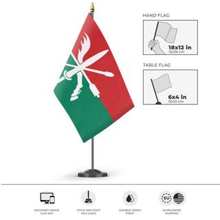 A mockup of the custom flag 'Republic of Sotoa flag' as a desk flag and small hand waving flag