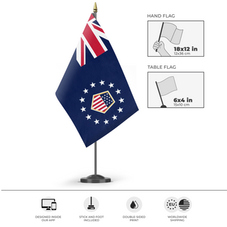 A mockup of the custom flag 'Dominion of America flag' as a desk flag and small hand waving flag