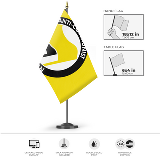 A mockup of the custom flag 'Anticom personal use flag' as a desk flag and small hand waving flag