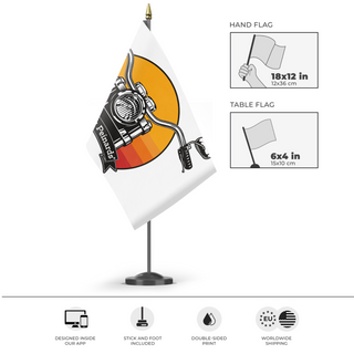 A mockup of the custom flag 'Drapeau Motards Peinards flag' as a desk flag and small hand waving flag