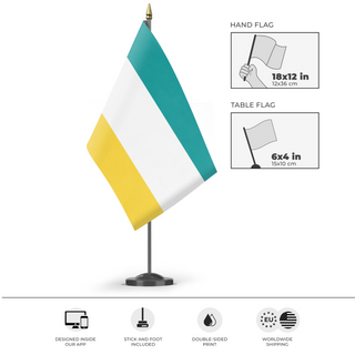 A mockup of the custom flag 'Mineland flag' as a desk flag and small hand waving flag