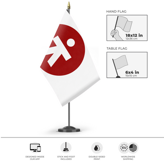 A mockup of the custom flag '02-03 test flag' as a desk flag and small hand waving flag
