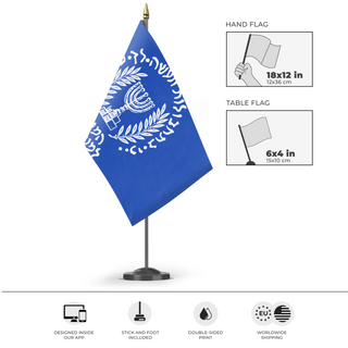 A mockup of the custom flag 'Mossad flag' as a desk flag and small hand waving flag