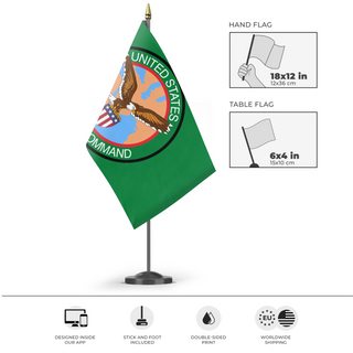 A mockup of the custom flag 'United States Central Command flag' as a desk flag and small hand waving flag