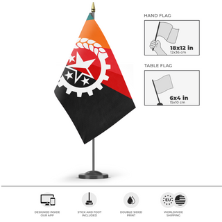 A mockup of the custom flag 'Luevyski flag' as a desk flag and small hand waving flag