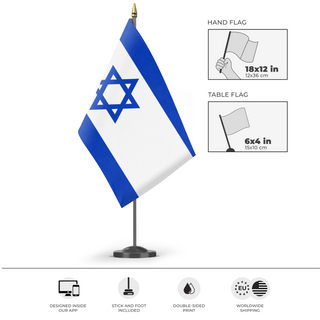 A mockup of the custom flag 'Israel flag' as a desk flag and small hand waving flag