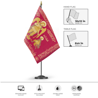 A mockup of the custom flag 'Empire of Holy Rus flag' as a desk flag and small hand waving flag
