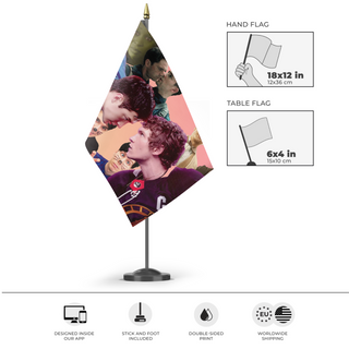 A mockup of the custom flag 'Zoe's flag' as a desk flag and small hand waving flag