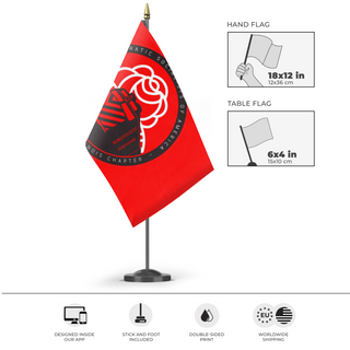 A mockup of the custom flag 'WSILDSA' as a desk flag and small hand waving flag