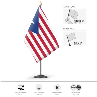 A mockup of the custom flag 'Cyberpunk NUSA flag' as a desk flag and small hand waving flag