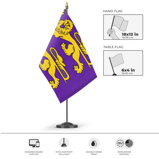 A mockup of the custom flag 'Two Lions on Purple flag' as a desk flag and small hand waving flag