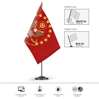A mockup of the custom flag 'Communist Flag of the United States' as a desk flag and small hand waving flag