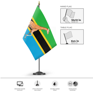 A mockup of the custom flag 'Tanzania In the Style of Wales flag' as a desk flag and small hand waving flag