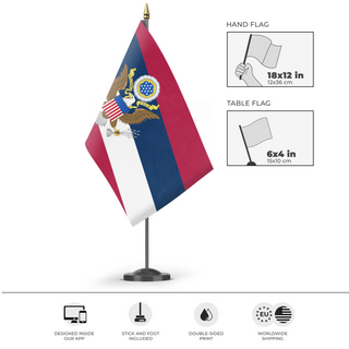 A mockup of the custom flag 'USA in the Style of Brunei flag' as a desk flag and small hand waving flag