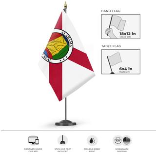 A mockup of the custom flag 'Alabama Redesign flag' as a desk flag and small hand waving flag