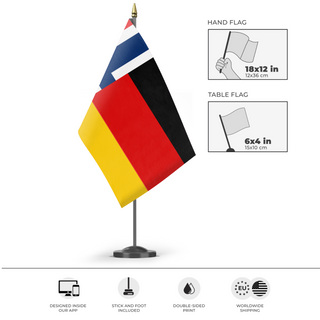 A mockup of the custom flag 'German and Norwegian Heritage flag' as a desk flag and small hand waving flag