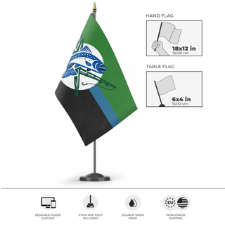 A mockup of the custom flag 'Black Earth flag' as a desk flag and small hand waving flag