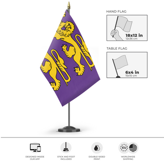 A mockup of the custom flag 'Purple Lions of Normandy flag' as a desk flag and small hand waving flag