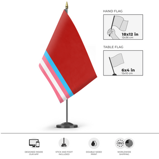 A mockup of the custom flag 'Transgender SSR  flag' as a desk flag and small hand waving flag