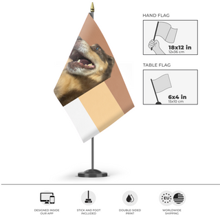 A mockup of the custom flag 'carmel flag' as a desk flag and small hand waving flag