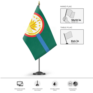 A mockup of the custom flag 'Redesign of Bangladesh flag' as a desk flag and small hand waving flag