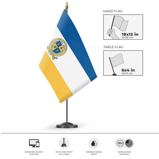 A mockup of the custom flag 'Graduation Hand Flag, Haas Hall' as a desk flag and small hand waving flag