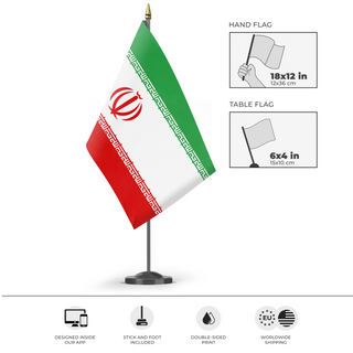 A mockup of the custom flag 'Flag of the Islamic Republic of Iran' as a desk flag and small hand waving flag