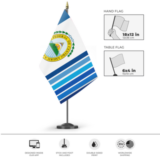 A mockup of the custom flag 'United Central America flag' as a desk flag and small hand waving flag