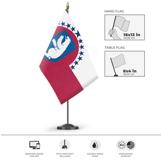 A mockup of the custom flag 'Greenland As a US State flag' as a desk flag and small hand waving flag