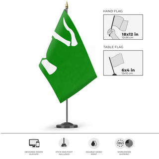 A mockup of the custom flag 'Hoof and Horn Flag 1999' as a desk flag and small hand waving flag