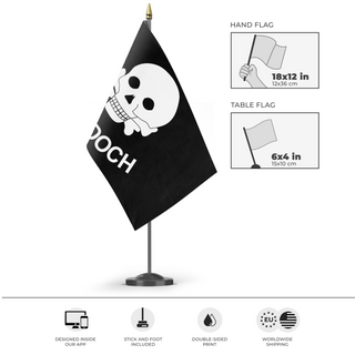 A mockup of the custom flag 'a flag' as a desk flag and small hand waving flag