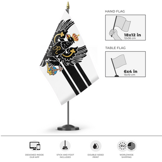 A mockup of the custom flag 'Prussian Redesign flag' as a desk flag and small hand waving flag