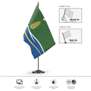 A mockup of the custom flag 'Mazomanie flag' as a desk flag and small hand waving flag