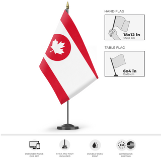 A mockup of the custom flag 'Canadian Flag in the style of Laos' as a desk flag and small hand waving flag