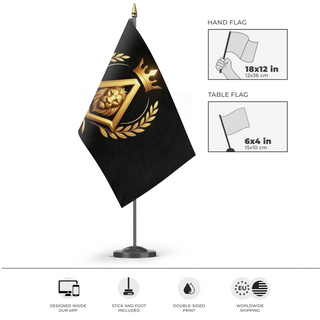A mockup of the custom flag 'The Amirian flag' as a desk flag and small hand waving flag