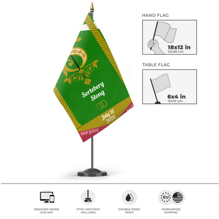 A mockup of the custom flag 'Sorteberg + Stong flag' as a desk flag and small hand waving flag