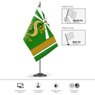 A mockup of the custom flag 'Stong flag' as a desk flag and small hand waving flag