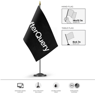 A mockup of the custom flag '[Preview] Afterquery flag' as a desk flag and small hand waving flag