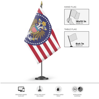 A mockup of the custom flag 'Holy American Empire  flag' as a desk flag and small hand waving flag