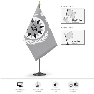 A mockup of the custom flag 'flag of i dont know' as a desk flag and small hand waving flag