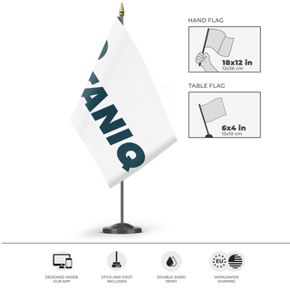 A mockup of the custom flag 'taniq flag' as a desk flag and small hand waving flag