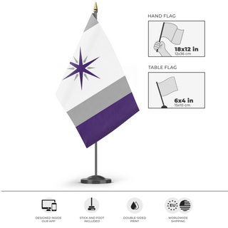 A mockup of the custom flag 'An flag' as a desk flag and small hand waving flag