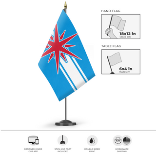 A mockup of the custom flag 'AnA flag' as a desk flag and small hand waving flag