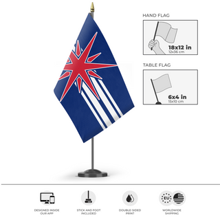A mockup of the custom flag 'ANN flag' as a desk flag and small hand waving flag